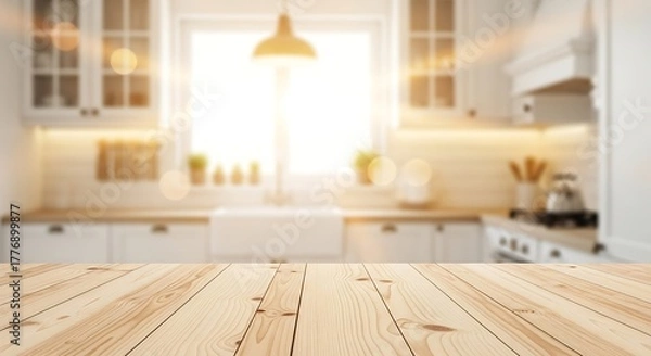 Obraz Bright Modern Kitchen With Sunlit Countryside Warmth Over Rustic Wooden Table In Home