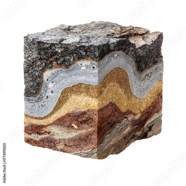 Fototapeta Detailed geological cross section reveals earth's layered strata and mineral composition, showcasing sedimentary rock formations and geological history.