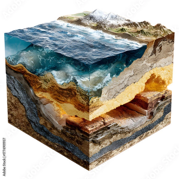 Fototapeta Explore the Earth's stunning cross-section revealing geological layers, ocean waves, and majestic mountains in a detailed natural science depiction.