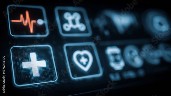 Obraz Health interface icons including cross and heart representing patient care, telemedicine access, and reliable digital healthcare services.
