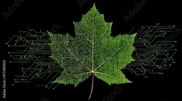 Obraz Nature and technology fusion icon: leaf intersecting with circuit lines, isolated white