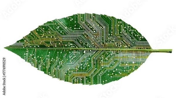 Obraz Nature and technology fusion icon: leaf intersecting with circuit lines, isolated white