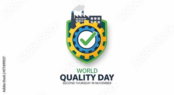 Obraz Graphic illustration for World Quality Day featuring a gear, checkmark, factory, and shield, with text below.