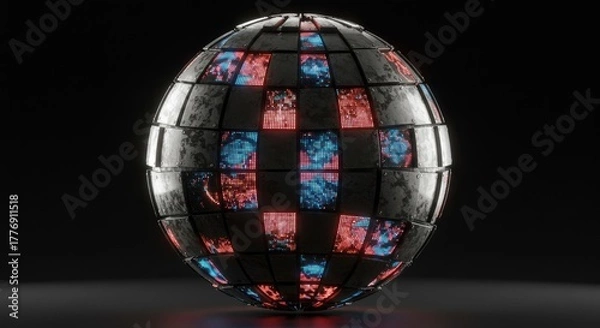Fototapeta Futuristic Globe: Metal Panels with Glowing Red and Blue Pixel Displays on Black