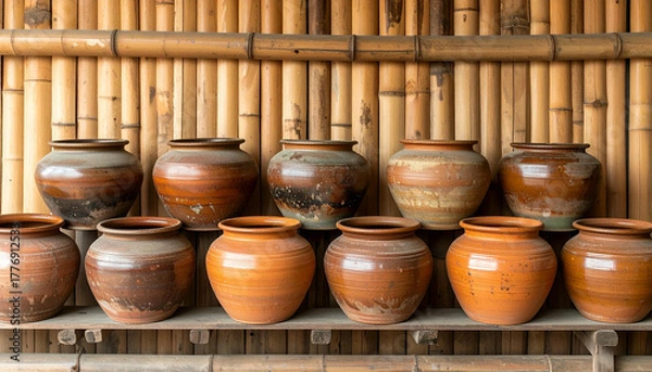 Fototapeta A collection of earthenware jars displayed on a bamboo shelf, arranged neatly.