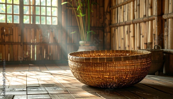Fototapeta Woven basket sits on a wooden floor in a rustic room with bamboo walls, illuminated by sunlight streaming through a window.