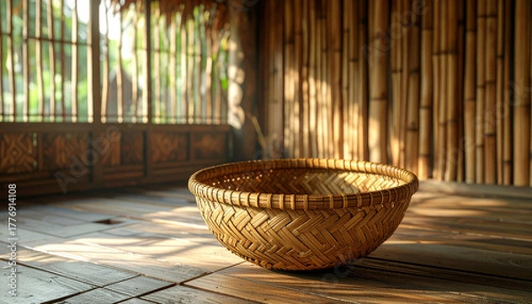 Fototapeta Interior scene featuring a woven basket on a wooden floor with bamboo walls and natural light.