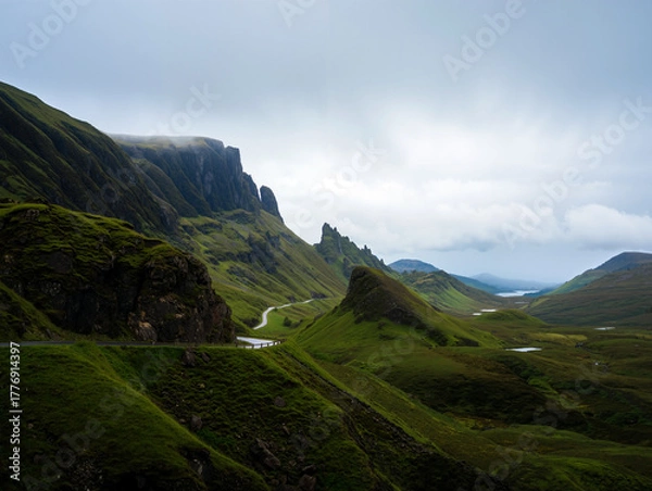Fototapeta A breathtaking view of lush green hills with dramatic rocky formations under a cloudy sky showcases the beauty of a remote valley. Generative AI.