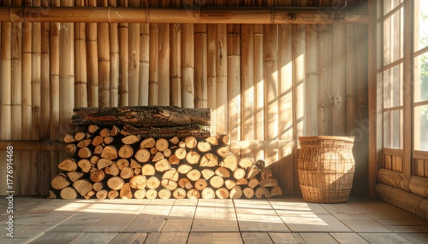 Fototapeta Stacked firewood beside a woven basket in a rustic, sunlit room with bamboo walls and a wooden floor.