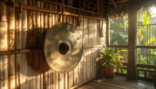 Fototapeta A large gong hangs on a bamboo wall inside a rustic, open-air structure, with lush greenery visible.
