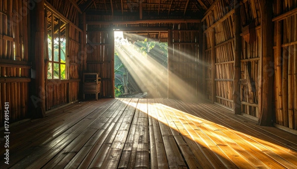 Fototapeta Sunlight streams through the open doorway of a rustic wooden structure, illuminating the interior.