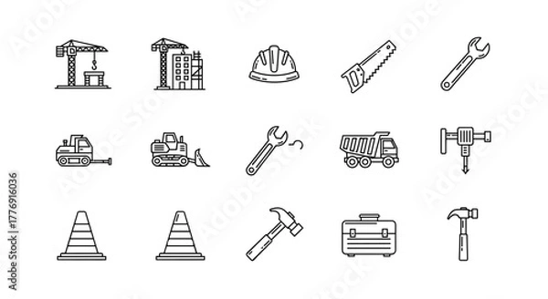 Obraz Set of minimalistic linear pictograms representing construction elements and tools, including cranes, buildings, heavy machinery like excavators and dump trucks, safety equipment such as hard hats