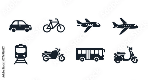 Fototapeta Diverse collection of solid transport icons, including a car, bicycle, airplane, train, motorbike, bus, and scooter, presented as a clean, ordered line icon set on a dark background, perfect for