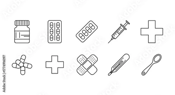 Obraz Collection of simple line icons representing medical supplies and healthcare symbols, including a medicine bottle, blister packs of pills, capsules, a syringe, a thermometer, bandages, a spoon, and
