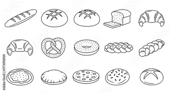 Obraz Collection of simple linear outline illustrations of various baked bread products, including baguettes, loaves, croissants, pretzels, donuts, and braided bread, perfect for web, books, cards, and