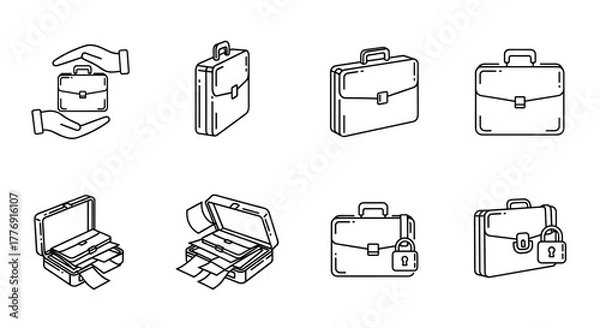 Obraz A minimalist, clean, and modern vector illustration depicting a briefcase held securely between two hands, presented in a simple outline linear style, perfect for graphic design, web design, app