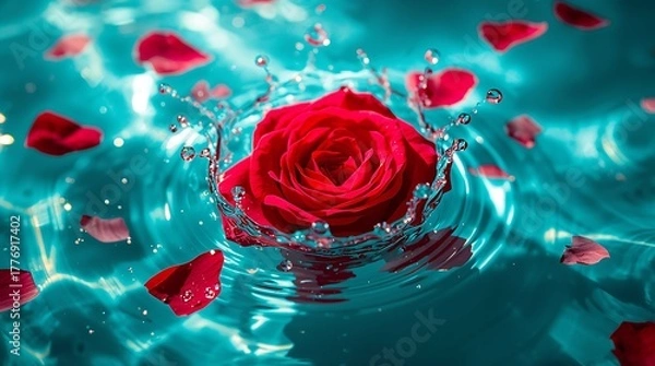 Fototapeta Red rose and petals falling into turquoise water with splash