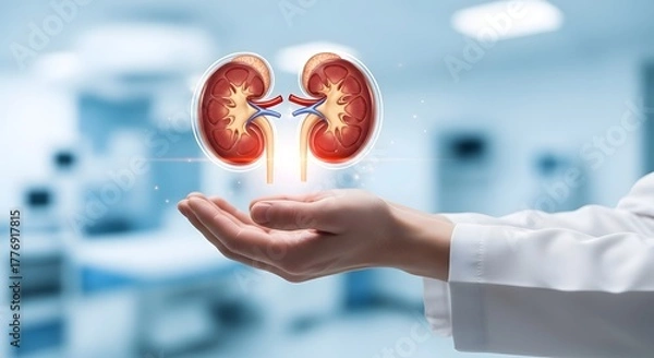 Obraz World Kidney Day Medical professional holding a glowing digital rendering of human kidneys, symbolizing urology care and organ health