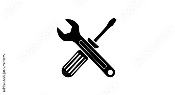 Fototapeta Wrench and screwdriver icon in white outline on transparent background