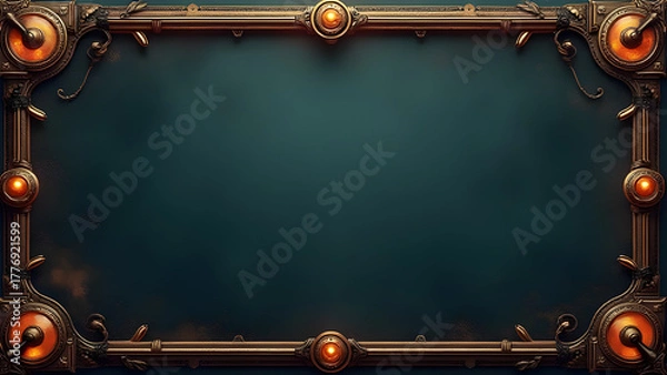 Fototapeta Ornate steampunk-style metallic frame with glowing orange lights on a dark background.