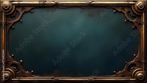 Obraz Ornate steampunk frame with a dark teal background, detailed metalwork.