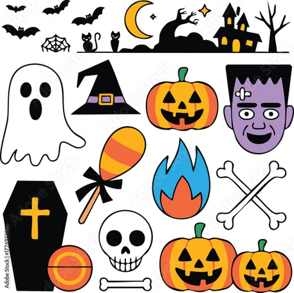 Fototapeta A colorful cartoon set of Halloween icons like a pumpkin, ghost, bat, and witch hat for a spooky holiday vector illustration