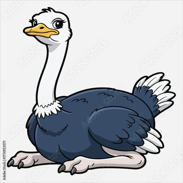 Fototapeta A cartoon ostrich sitting on the ground with a white background, featuring a blue body and white neck.