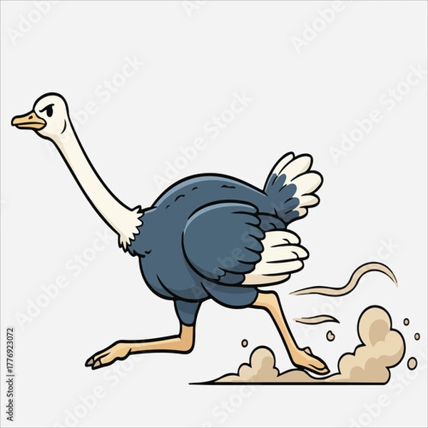 Fototapeta Cartoon illustration of an ostrich kicking up dust with one leg against a plain white background.