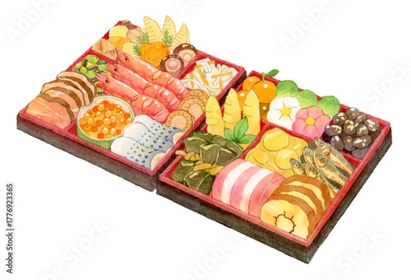 Fototapeta 日本のお節料理　水彩イラスト