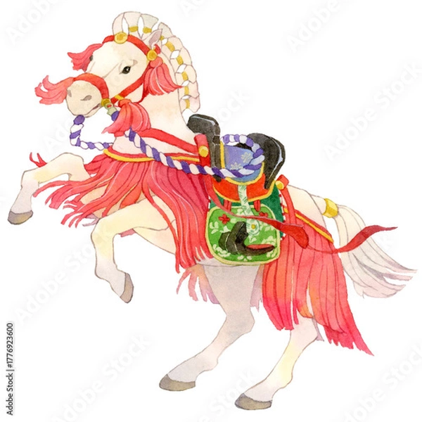 Fototapeta 飾り馬の水彩イラスト　日本の伝統行事　年賀状素材