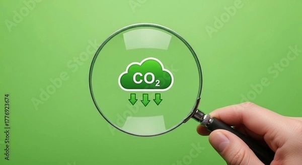 Fototapeta Hand holding magnifying glass focusing on a green cloud with co subscript two and downward arrows