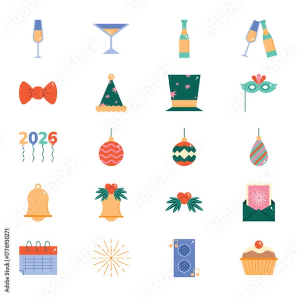 Fototapeta Happy New Year Flat Icons Set