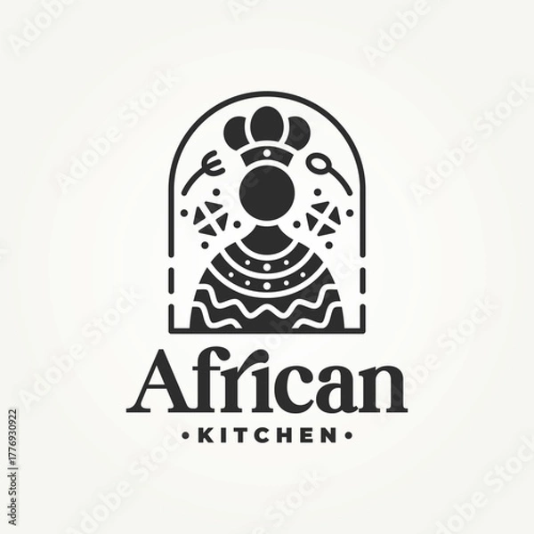 Obraz minimalist african cultural kitchen food line art icon badge logo vector illustration design. simple modern beverage restaurant logo concept