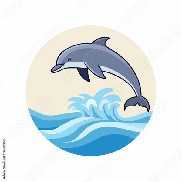 Fototapeta Cartoon Dolphin Jumping Out of Ocean Waves.