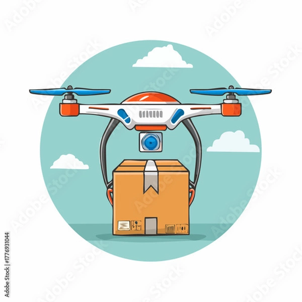 Fototapeta Cartoon Drone Delivering Package with Propellers and Camera.