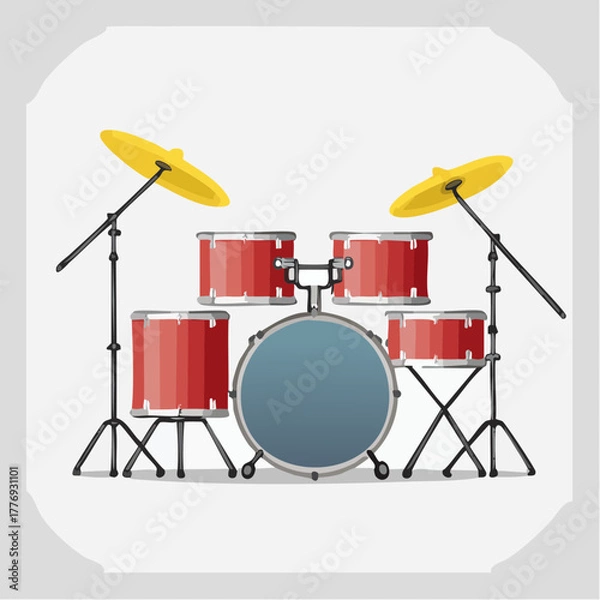 Fototapeta Cartoon Drum Set with Red Drums and Yellow Cymbals Illustration.
