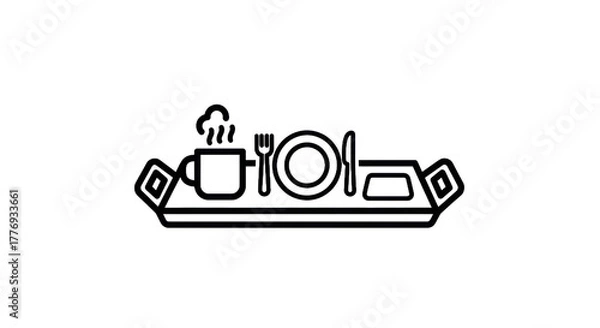 Fototapeta Minimalist outline of a breakfast tray with coffee cup and cutlery on transparent background