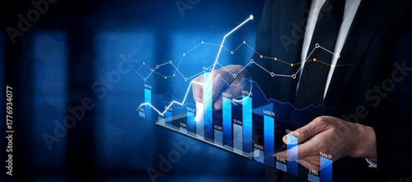 Fototapeta A business professional examines dynamic data trends on a digital tablet, showcasing various graphical representations of growth metrics in a modern corporate setting. Scalp
