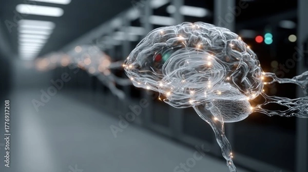 Fototapeta Conceptual rendering of a human brain with neural connections and data center background