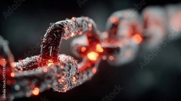 Fototapeta Abstract image of a chain with red glowing lights and a dark blurred background