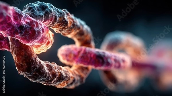 Fototapeta Abstract macro shot of a chain link with bioluminescent and scientific details