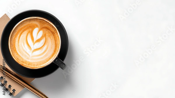 Fototapeta A black coffee cup with a white swirl on top sits on a table next to a notebook