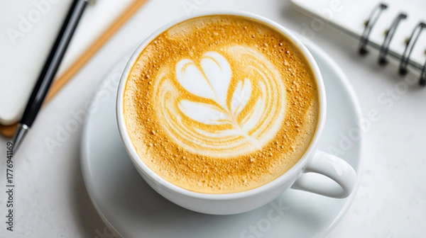 Obraz A cup of coffee with a heart shaped swirl on top