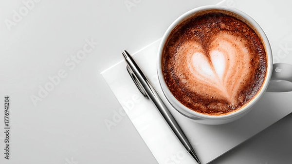 Fototapeta A cup of coffee with a heart design on it sits on top of a piece of paper