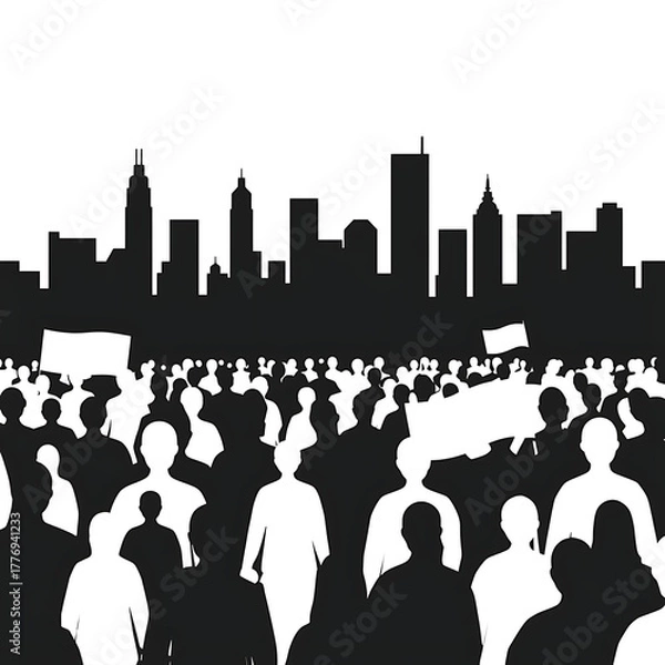 Fototapeta A black and white illustration depicts a crowd of people protesting in front of a city skyline.
