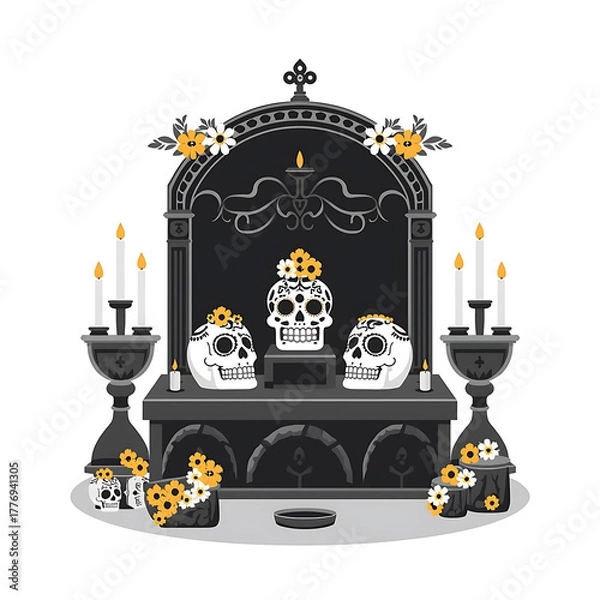 Fototapeta A Day of the Dead altar features skulls, candles, and flowers against a dark, decorative backdrop.
