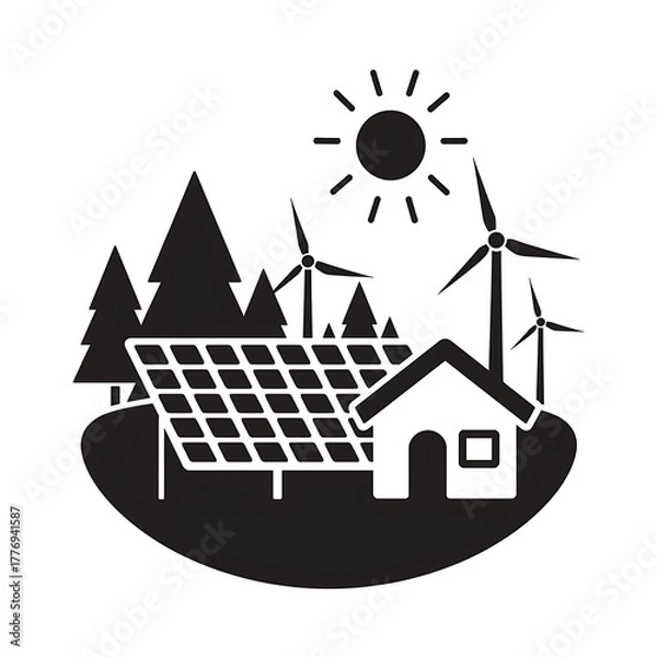 Fototapeta A black and white illustration depicts a sustainable energy scene with solar panels, wind turbines, and a house.