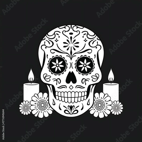 Fototapeta A stylized skull with intricate designs is flanked by candles and flowers against a dark background.
