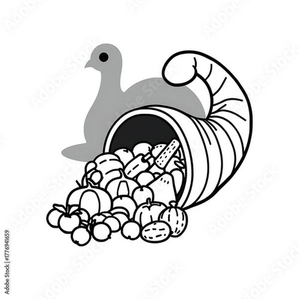 Fototapeta A black and white drawing depicts a cornucopia overflowing with fruits and vegetables, with a gray bird.