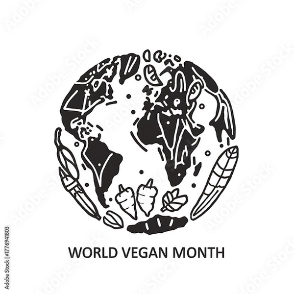 Fototapeta A black and white illustration depicts the Earth surrounded by vegetables, promoting World Vegan Month.